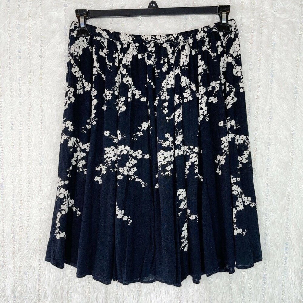 Bila Boho Flare Skirt Womens MEDIUM Black Ivory Floral Knee Length Stretch Waist